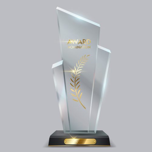 Star glass award trophy with golden decor realistic vector illustration. Contest winner. Sports champion prize 3d model on light background